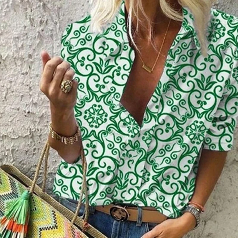 

New Women Blouses Work Office Ladies Vintage Print Tops Elegant Long Sleeve Shirt Tops Female Turn-Down Collar Stylish Shirts