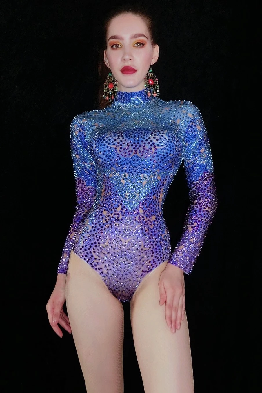 long sleeve bodysuit Shiny Full Rhinestone Party Prom Bodysuit Women Stretch Bodycon Crystal Jumpsuit Nightclub Showgirl Dancer Leotard Stage Outfits yellow bodysuit