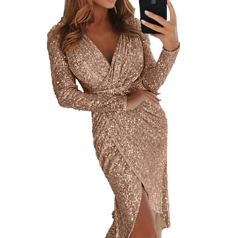 

Sequins Summer Autumn Party Dress Slim Fashion women lady Deep V Sexy Irregular dresses Split Clubwear Clothes 2021 Female