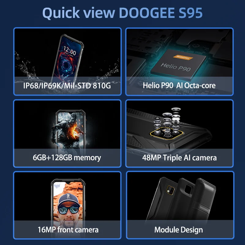 DOOGEE S95 смартфон 6 3 дюйма ГБ ОЗУ 128 Гб ПЗУ IP68/IP69K 5150 мАч Helio P90 Восьмиядерный Android 9 0 Pie