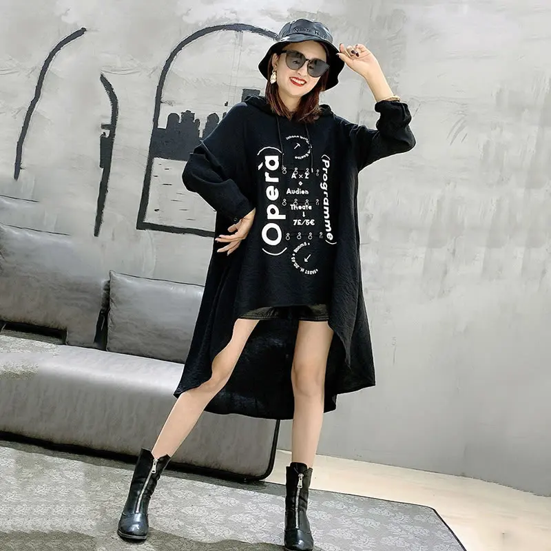 Женское асимметричное платье XIATO свободное с капюшоном и длинным рукавом