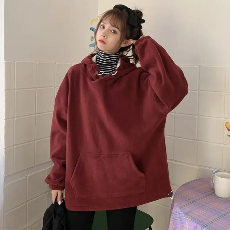 

Lamb Wool Women Hoodies Autumn Winter 2021 New Solid Color Plus Size Pullover Sweatshirts Female Warm Loose Casual Woman Top