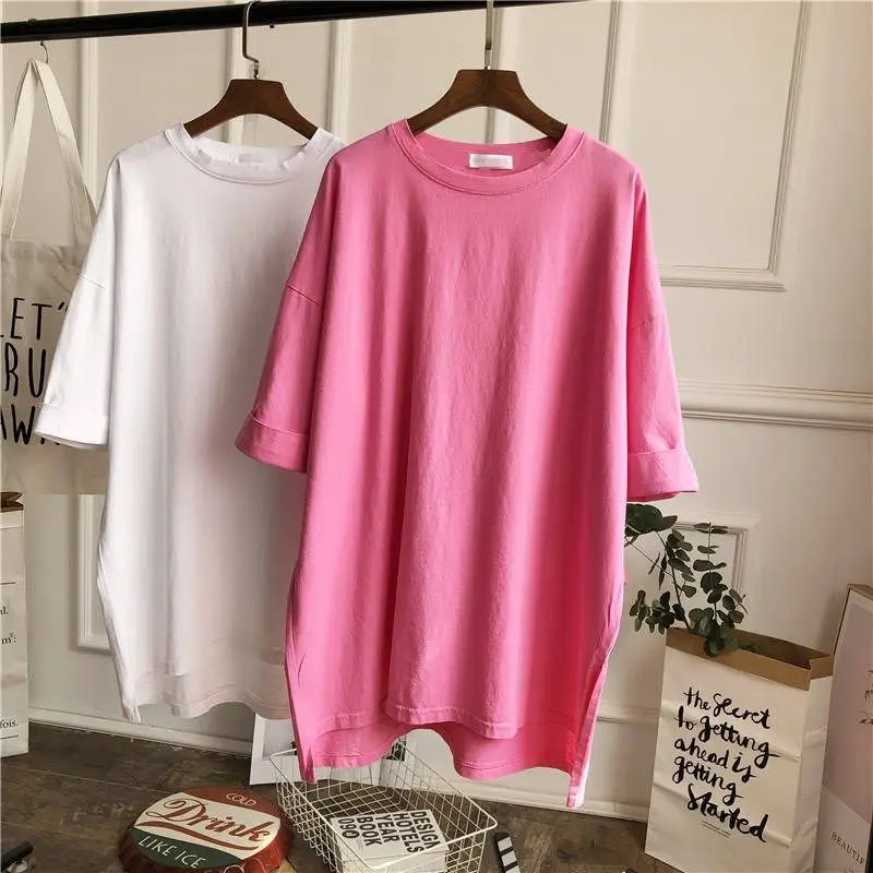 

Cotton 100% Women T-Shirts Summer New 2021 O-Neck Short-Sleeved Loose Long Casual All Match Female Pulls Tops Tees