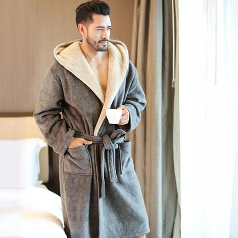 

Men Sleepwear Autumn/winter Thick Coral Fleece Nightgown Double-layer Hooded Men's Bathrobe and Dressing Gown Mens Kimono Robe