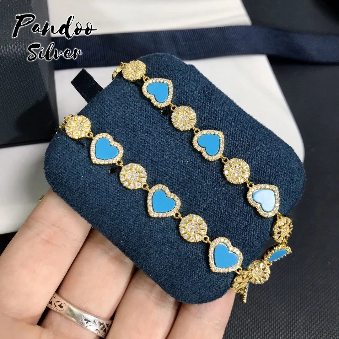 

PANDOO Silver Sun & Lagoon Blue Heart Adjustable Necklace For Women Gift ,High Quality S925 Sterling Silver Original Jewelry