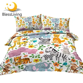 BlessLiving Animal Bedding Set Cartoon Zebra Kangaroo Tiger Duvet Cover Zoo Twin Bed Set Floral Bedspread Cute Home Decorations 1