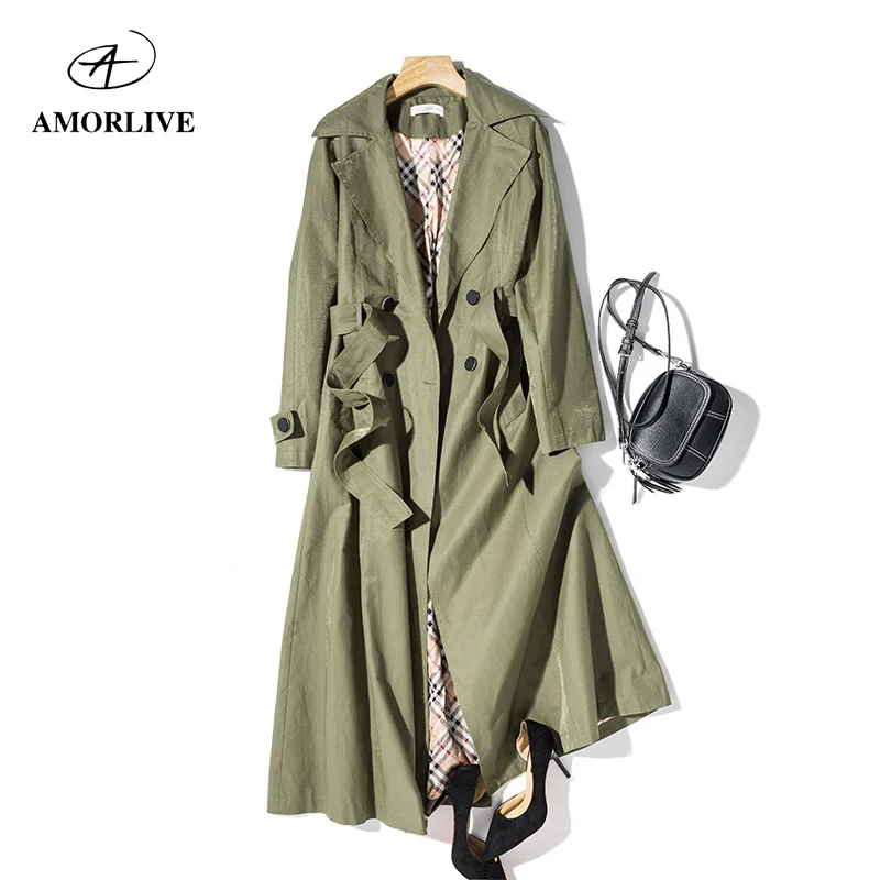 AMOR LIVE Super Long Trench Coat With Belt Waterproof Windproof Drawstring Waist Casual Female Windbreaker Elegant | Женская одежда