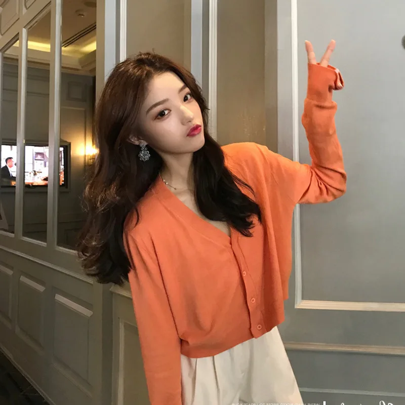 

Spring Autumn Cardigans Women Long Sleeve Sweater Button Design Top V Neck Casual Loose Knit Cardigan Femme Green Orange Yellow
