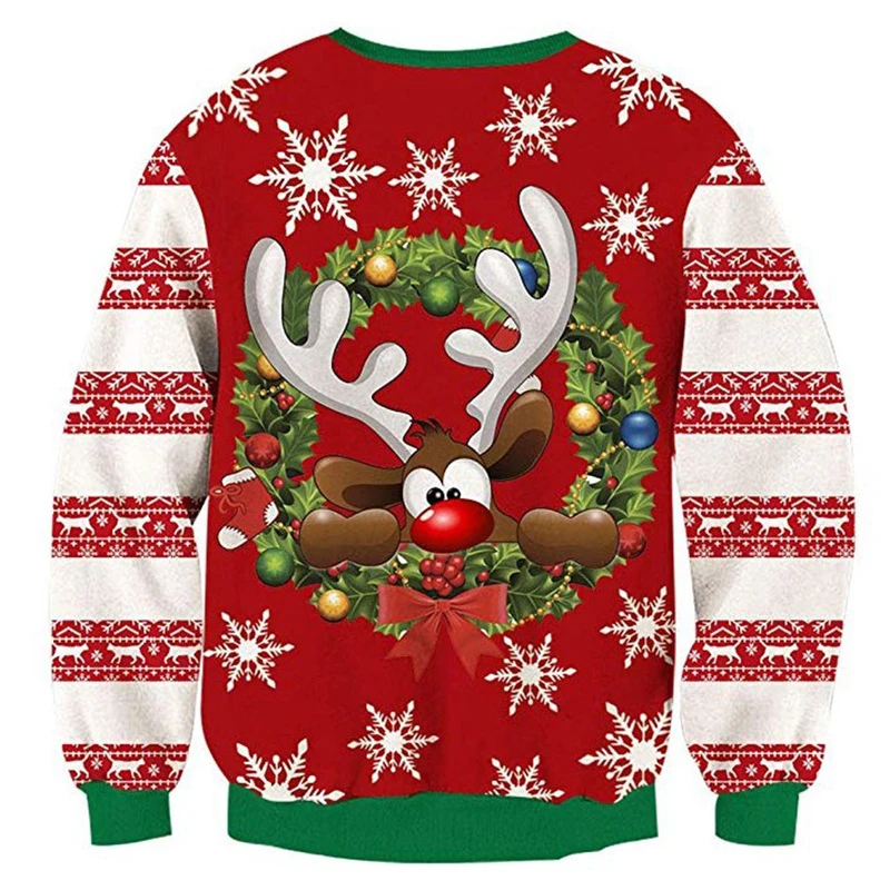 O Neck Christmas Sweater 3d Antler Print Novelty Ugly Unisex Men Women Long Sleeve Pullover Jumpers | Женская одежда