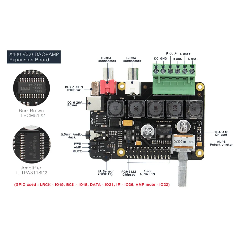 Плата расширения звука Raspberry Pi 4 Model B X400 I2S и металлический чехол с радиатором для