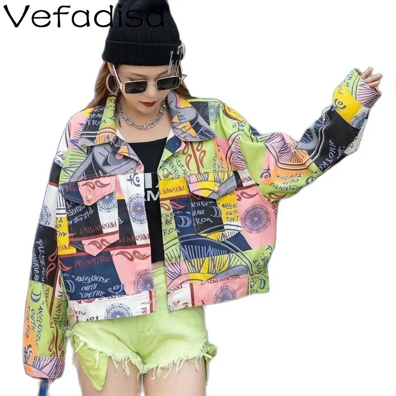 

Vefadisa 2021 Autumn New Women Clothing Graffiti Print Cropped Denim Jacket Loose Lapel Denim Jacket TT313