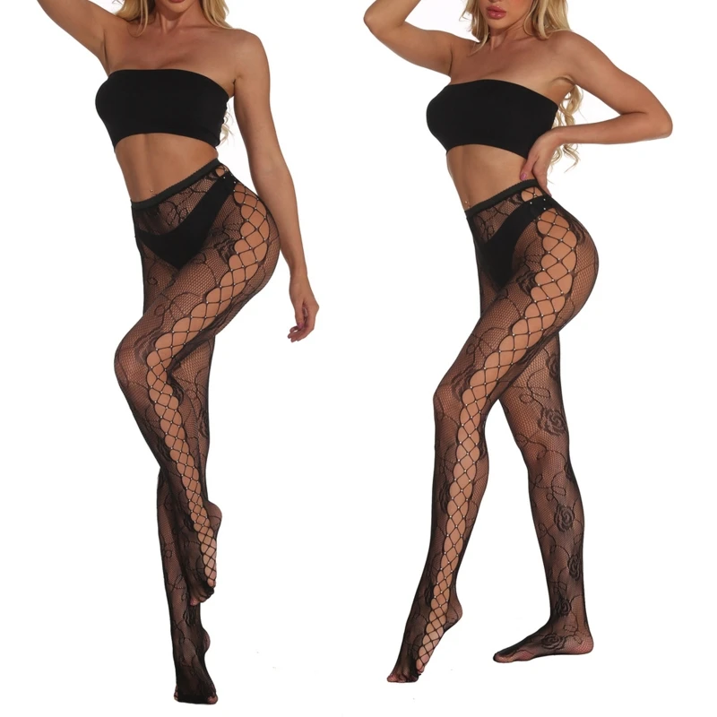 

Women Erotic Hollow Out Rose Floral Pantyhose High Waist Sheer Fishnet Stockings Crisscross Glitter Rhinestone Tights