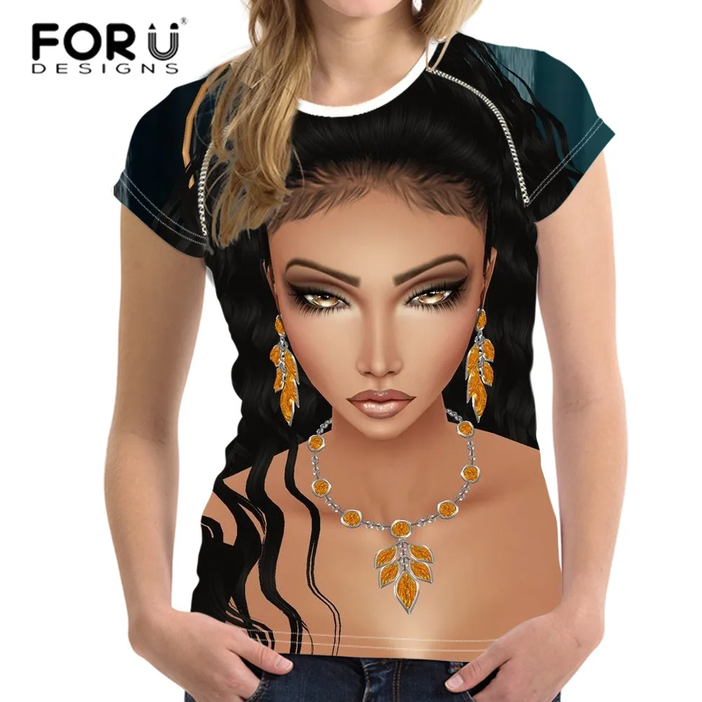 FORUDESIGNS/Африканка, черные футболки с принтом Africain, женские футболки с короткими рукавами, женские эластичные топы, женская модная футболка