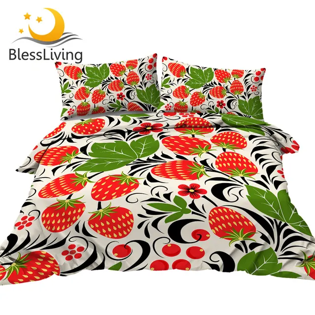 BlessLiving Strawberry Bedding Set Red Flower Comforter Cover Fresh Fruits Bedclothes Green Leaf Cozy Bedlinen Set 3pcs Dropship 1