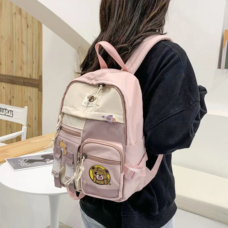 

Fashion Candy Color Nylon Lady Backpack Stitching Contrast Color Cute Cartoon Backpack Suitable For Teenage Girls New Schoolbag