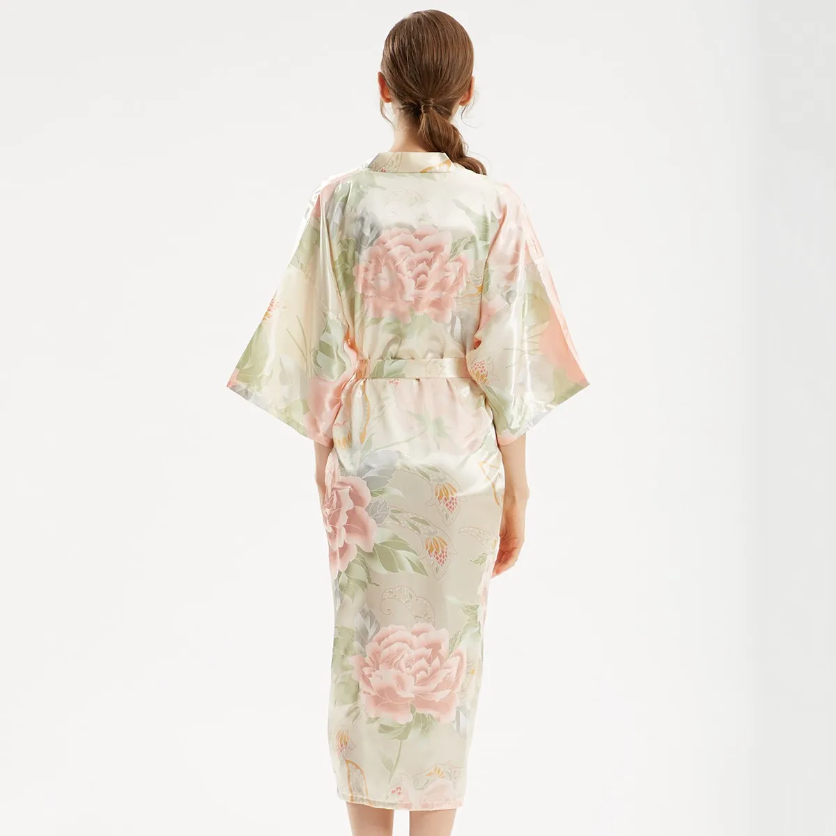 

Novelty Satin Long Bride Wedding Robe Home Clothing Print Kimono Bathrobe Intimate Lingerie Lady Sexy Gray Homewear Sleepwear