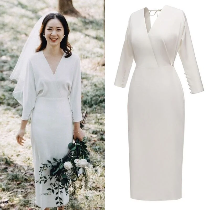 

V-neck Satin, Simple And Elegant, Pure White Fashion Wedding Dress