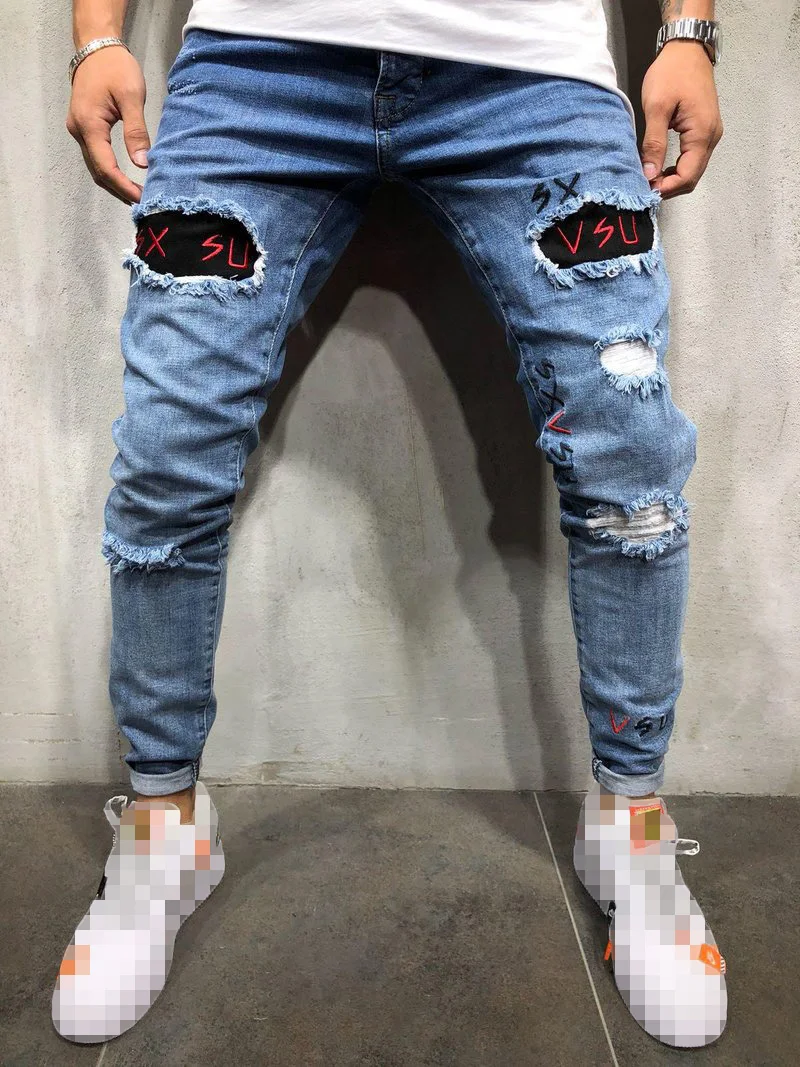 Men Jeans Fashion Letter Embroidery Stretch Destroyed Frayed Denim Pants Male Casual Skinny Blue Ripped Jeans Pantalones