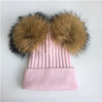 Bbay pink natural Женская зимняя шапка с двойным меховым помпоном, женский шерстяной съемный меховой вязаный шарик, Шапка-бини с 2 натуральными цветными помпонами из меха енота - Цвет: Bbay pink natural