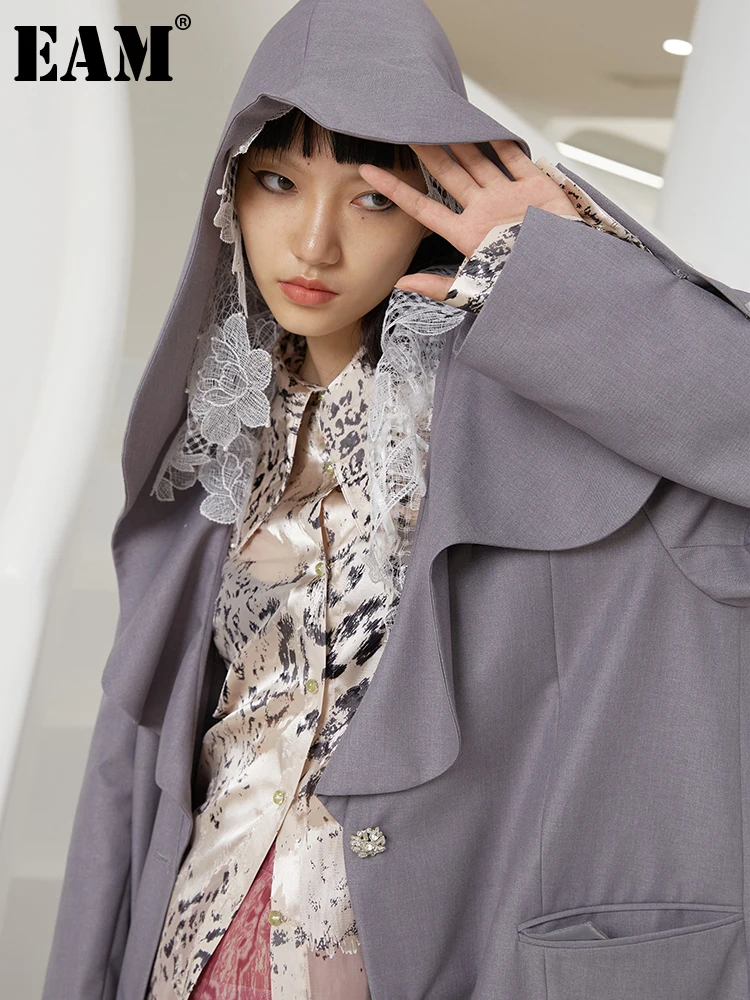 

[EAM] Women Gray Big Size Long Irregular Trench New Lapel Long Sleeve Loose Fit Windbreaker Fashion Spring Autumn 2022 1DE2971