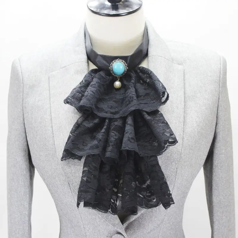 

Fashion Tri-layer Ruffles Wave Lace Fake Collar Imitation Diamond Necklace Choker Tie