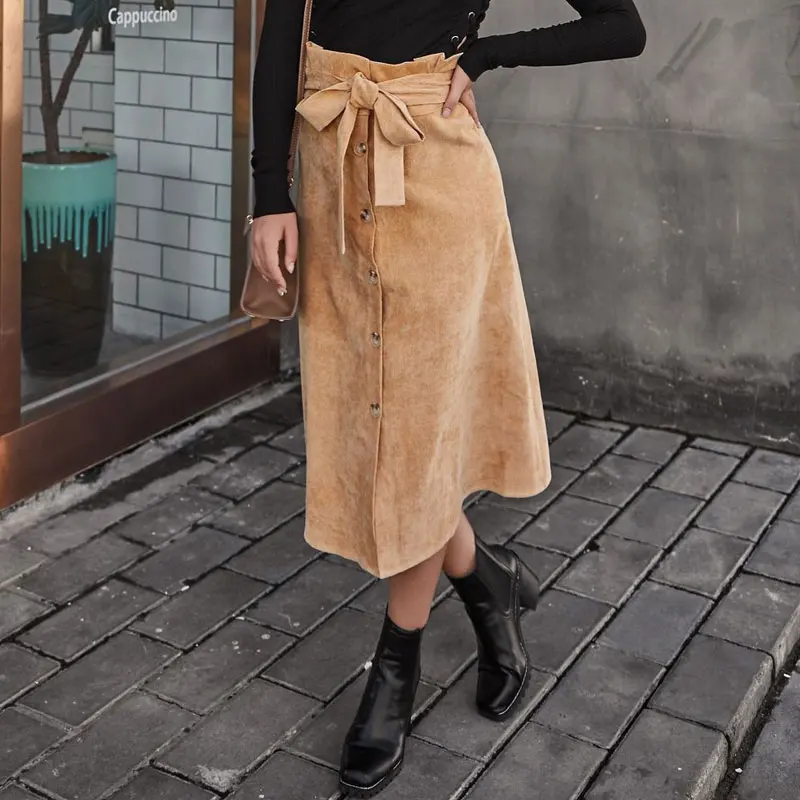 

Элегантная женская Вельветовая юбка цвета хаки, трапециевидная юбка средней длины с высокой талией, поясом и пуговицами, Женская однобортн...