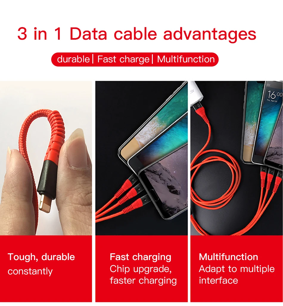 ACCEZZ 3 в 1 USB зарядное устройство кабель для передачи данных 3A Быстрая зарядка для iPhone 7 8 6 X XS XR samsung Xiaomi huawei прочный кабель для мобильного телефона