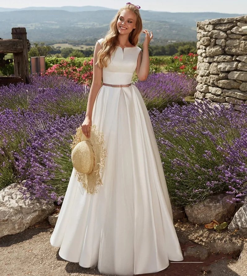 

Vestidos Hot Sale A-line Bride Wedding Dress Simple Satin Backless Bridal Gowns Boho 2021 Robe De Mariee