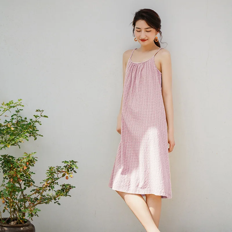 

2020 Summer Pastoral Style Nightdress Retro Plaid Dress Sleeveless Spaghetti Strap Long Nightgown Plus Size Sleeping Dress