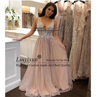 in fashion long prom dresses 2020 sexy deep v neck beading tops floor length formal evening party gown girls birthday party gown