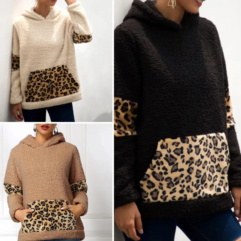 Женский зимний свитер с длинным рукавом и леопардовым карманом в стиле пэчворк