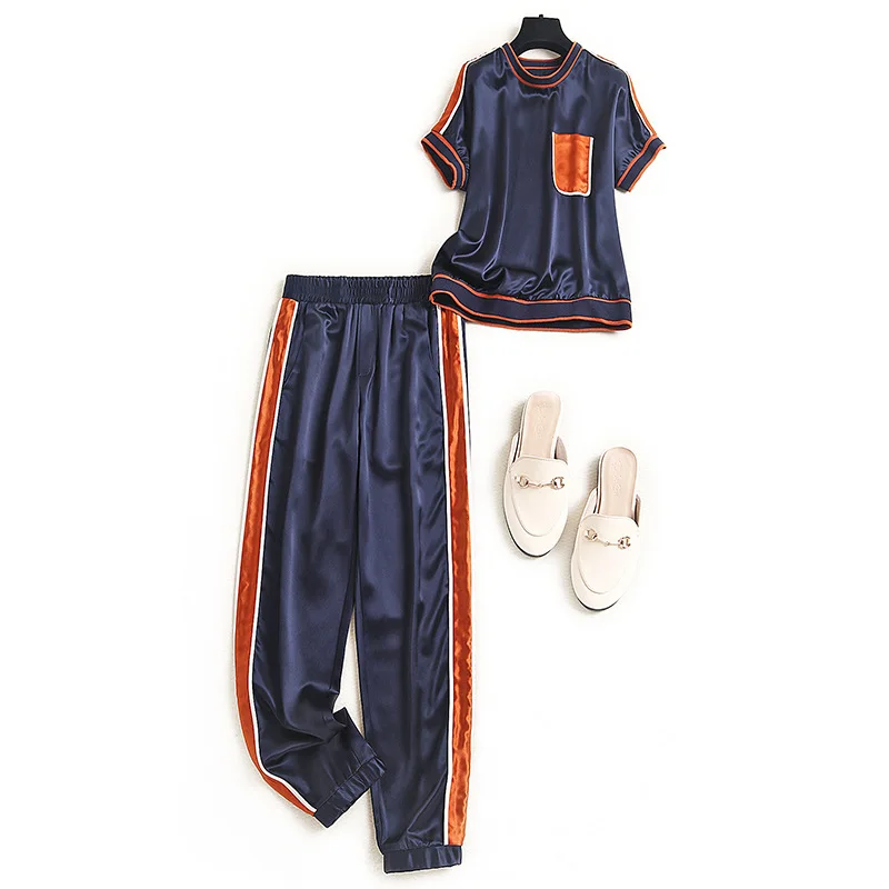 

Casual fashion suit pants women 2021 summer style contrast stitching T-shirt slim cropped trousers