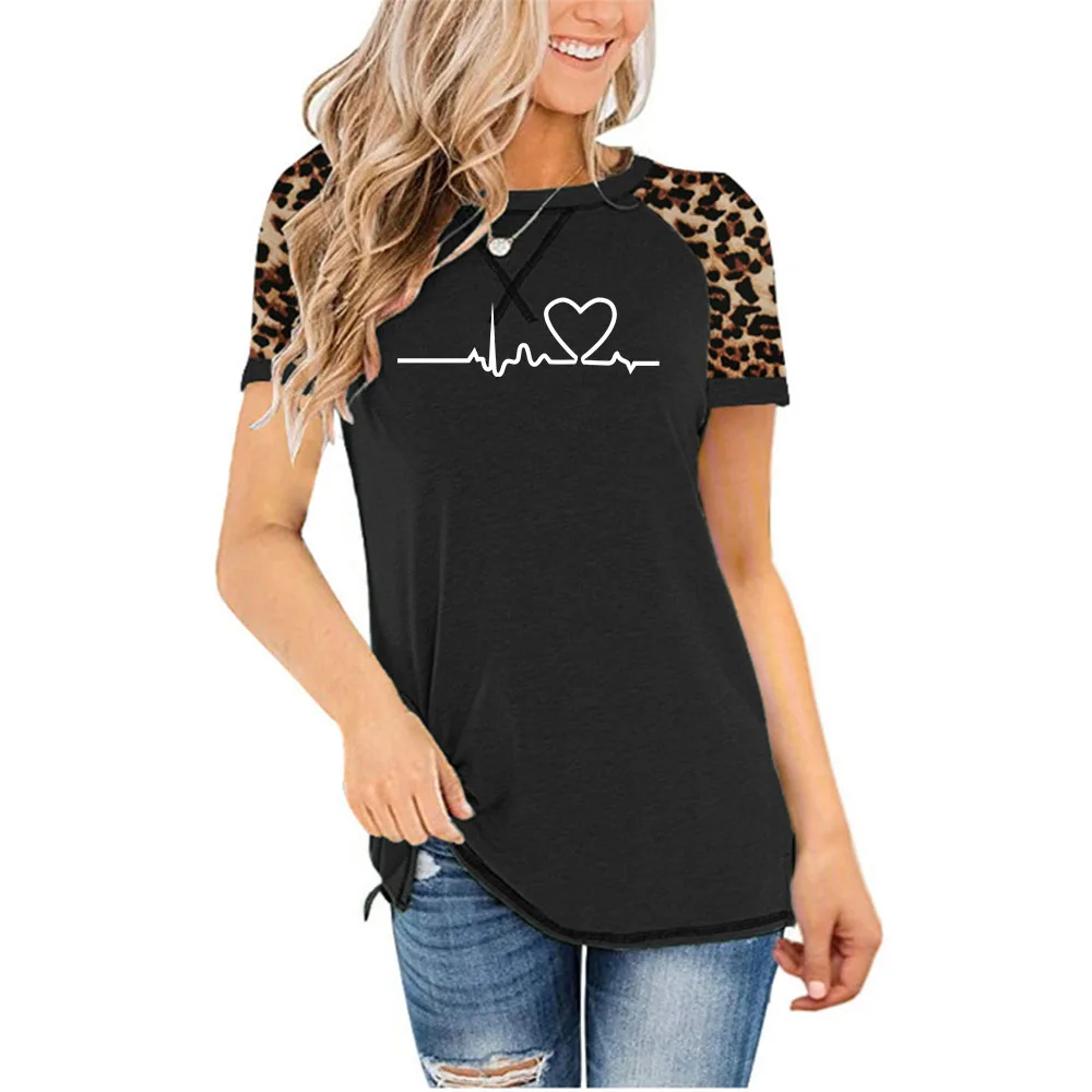 

Spring and Summer 6 Color New Women's Top T-Shirt Leopard Print Stitching Round Neck Short-Sleeved T-Shirt