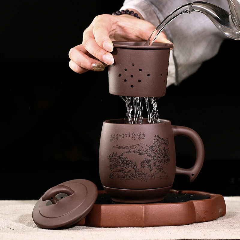 Purple Grit Teacup with Filter Yixing Clay Tea Cups Chinese Handmade Cup Lid Infuser Office Ceremony Accessories | Дом и сад