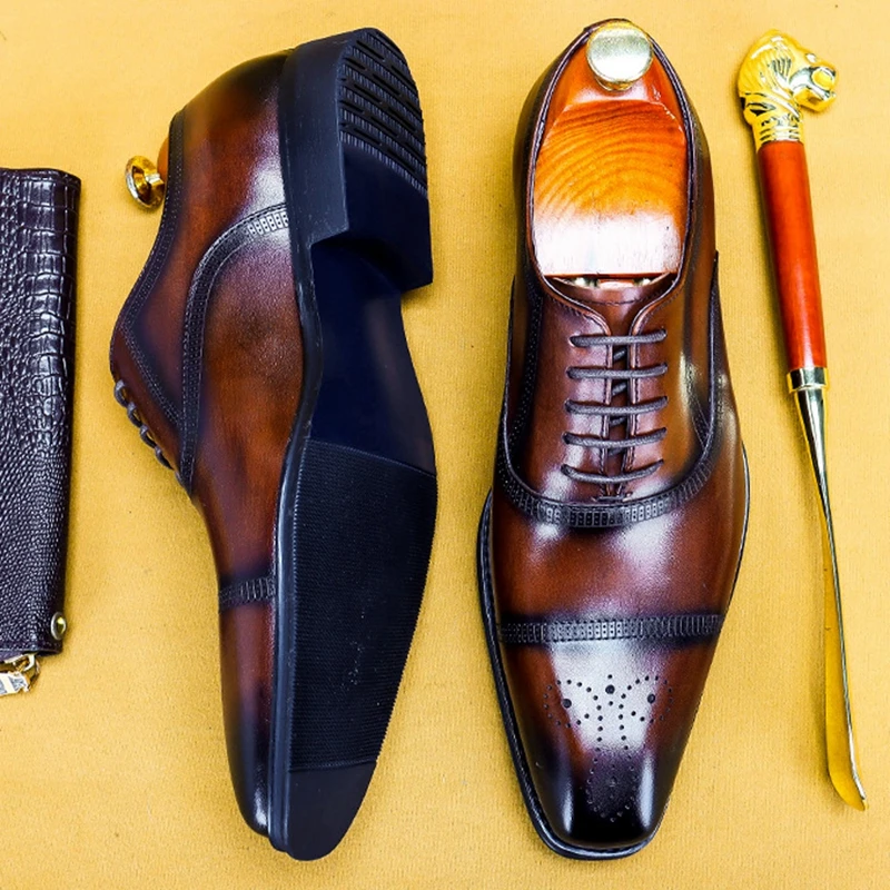 

Italian Genuine Leather Formal Dress Semi Brogues Medallion Shoes Square Toe Laces Men's Wedding Party Oxfords For Bridal AS396