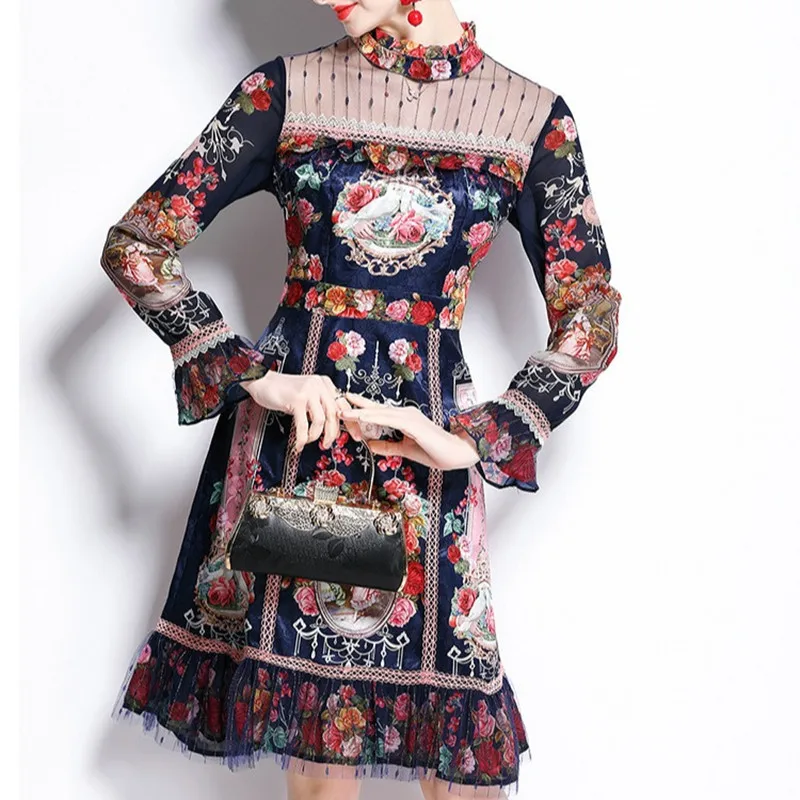 

Женское короткое жаккардовое платье, подиумное лоскутное дизайнерское платье мини с расклешенным рукавом, Сетчатое платье с цветочным принтом, лето 2021
