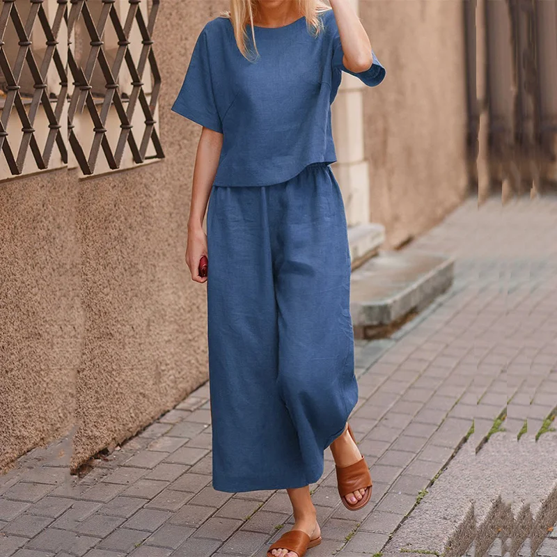 

2021 casual summer female cotton two sets fashion the neck short sleeve tops + baggy pants solid leg warmers outfits