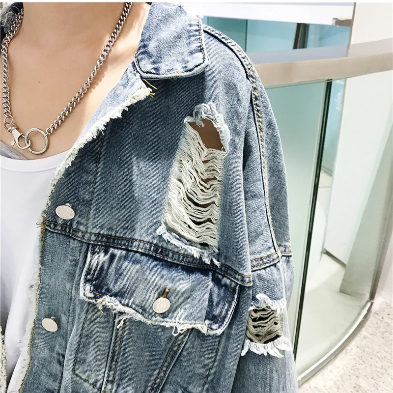 

Harajuku Style Hollow Out Frayed Hole Denim Jacket Women New Streetwear Fashion Womens Spring plus size Jacket Jeans Feminino