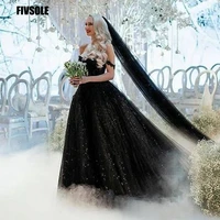fivsole glitter black a line court train wedding dress 2021 off the shoulder sleeves lace bride gowns modern long robe de mariee
