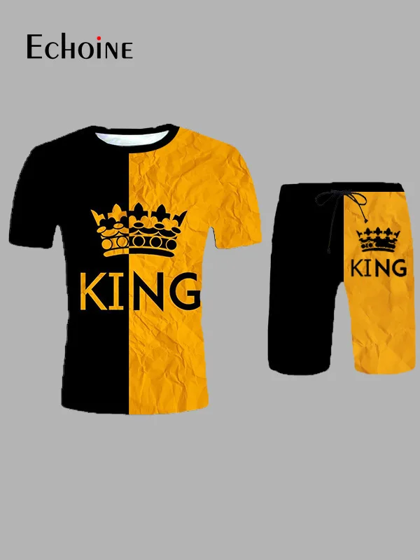 Костюм спортивный мужской из футболки и шортов с принтом короля|Мужские