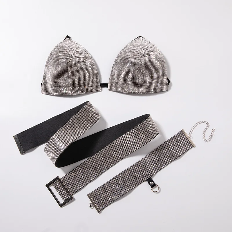 

Women Diamond Bra Sequins Belly Chains Belts and Choker Necklace Party Bikini Costume Rave Crystal Rhinestone Bikini 3 Piece Set