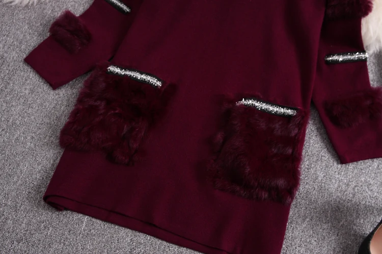 ALPHALMODA Зимний меховой свитер, платье с меховым карманом, пуловер с длинными рукавами, женское модное трикотажное платье