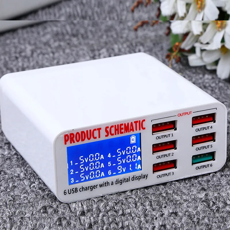 6-Port USB Smart Phone Charger LCD Large Screen Display Automatic Identification Voltage Current Mobile Phone Charging Station