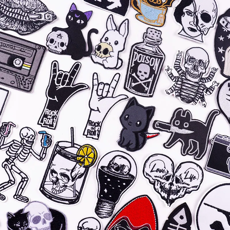 

Hippie Cat Applique Patches On Clothes DIY Punk Rock Skull Patch Iron On Embroidered Patches For Clothing Stickers Animal Badges