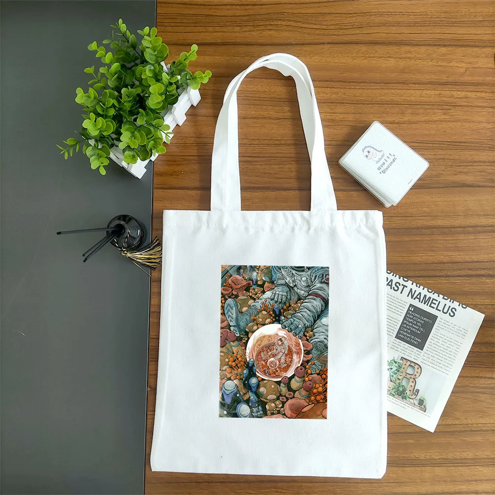 

Female Tote Shoulder Bag With Anime Astronaut Philosophical Print 2021 Fashion Women Shopping Bag Canvas Travel Storage Handbag