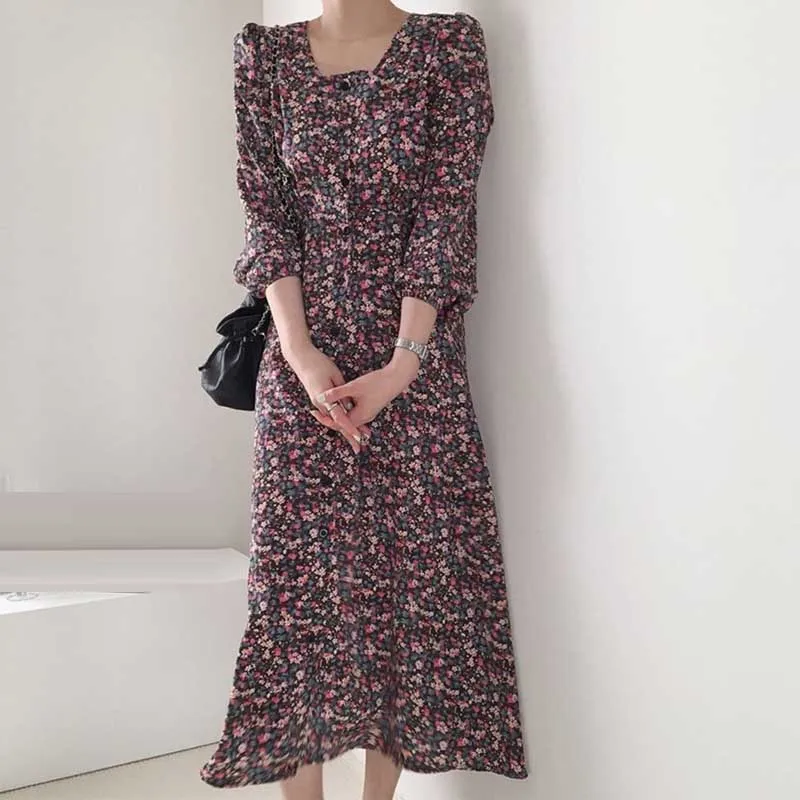 

New Summer Fashion Women'S Dress 2021 Elegant Long Sleeve Single-Breasted One-Piece Dress Korean Floral For Female Midi Dress