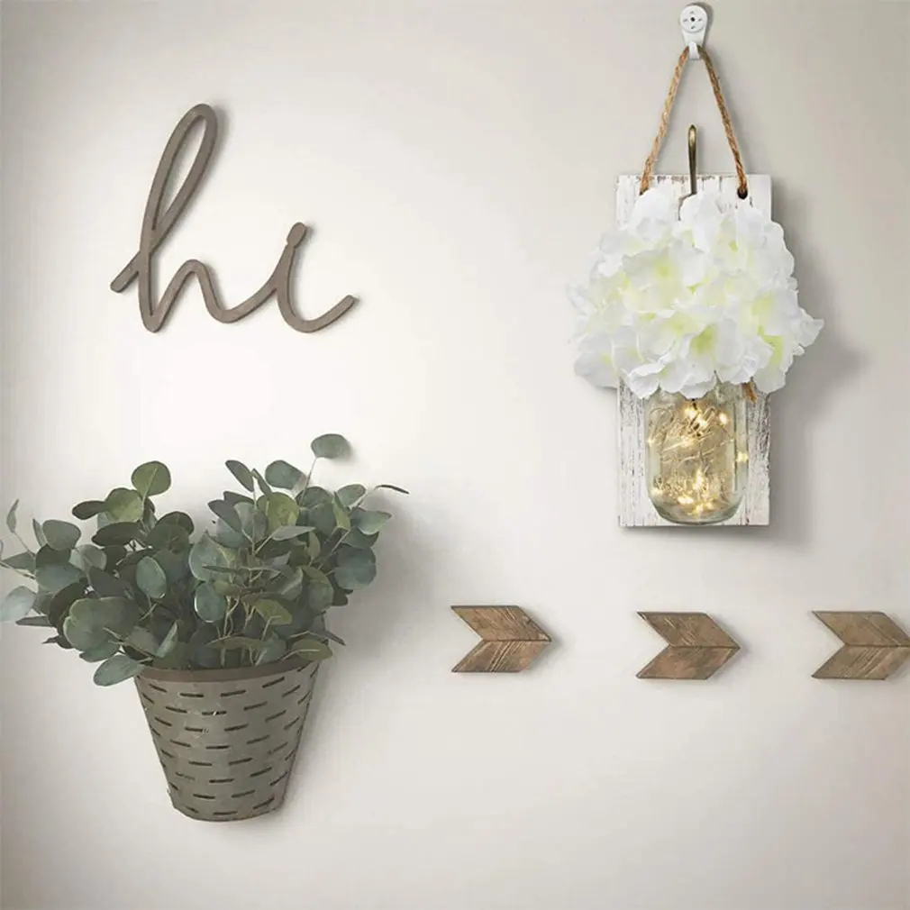 Mason Jar Wall Sconces Fairy Lights Vintage Wrought Iron Hook Silk Hydrangea Flower with Remote Control LED Strip | Лампы и освещение