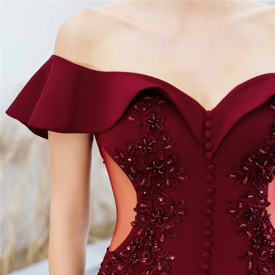 Burgundy Mermaid Evening Dresses It's Yiiya DX265 Boat Neck Plus Size Robe De Soiree Elegant Ruflles Off Shoulder Gown | Свадьбы и