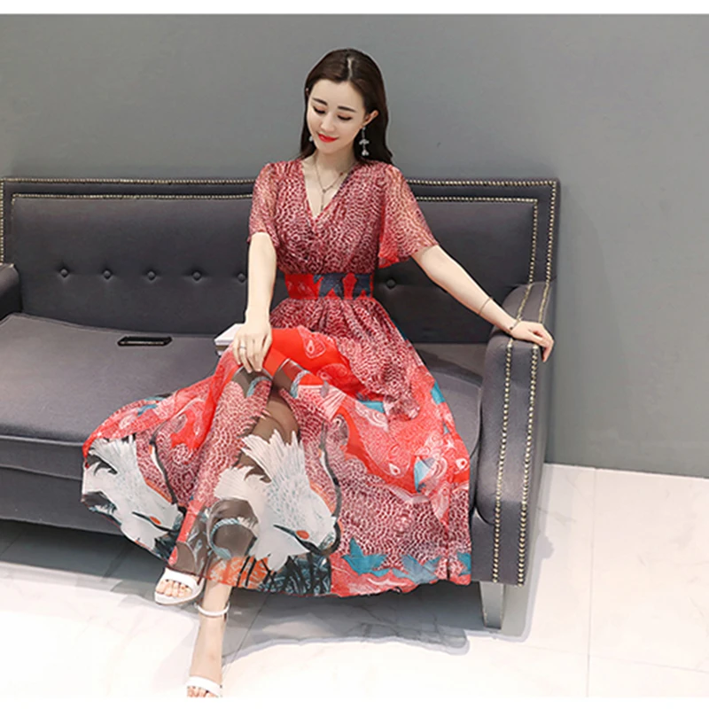 

Chiffon Dress Fashion Mid-length Ladies Temperament Summer V-neck Lotus Leaf Sleeve Vestidos Printing Was Thin Dress Women L624