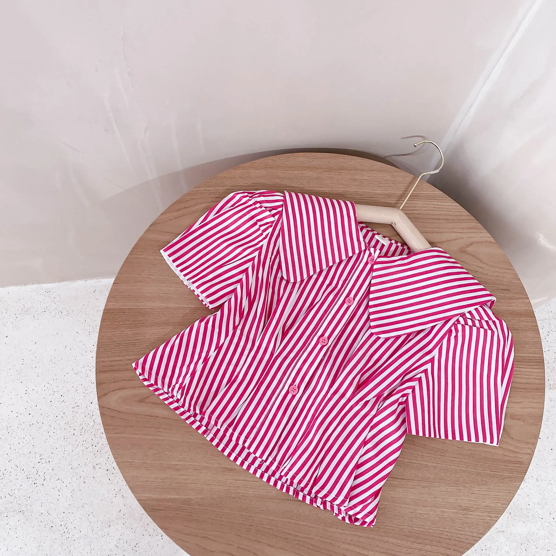 

Хлопковые полосатые рубашки с коротким рукавом в Корейском стиле для девочек, милые топы с присборенной талией, детская одежда